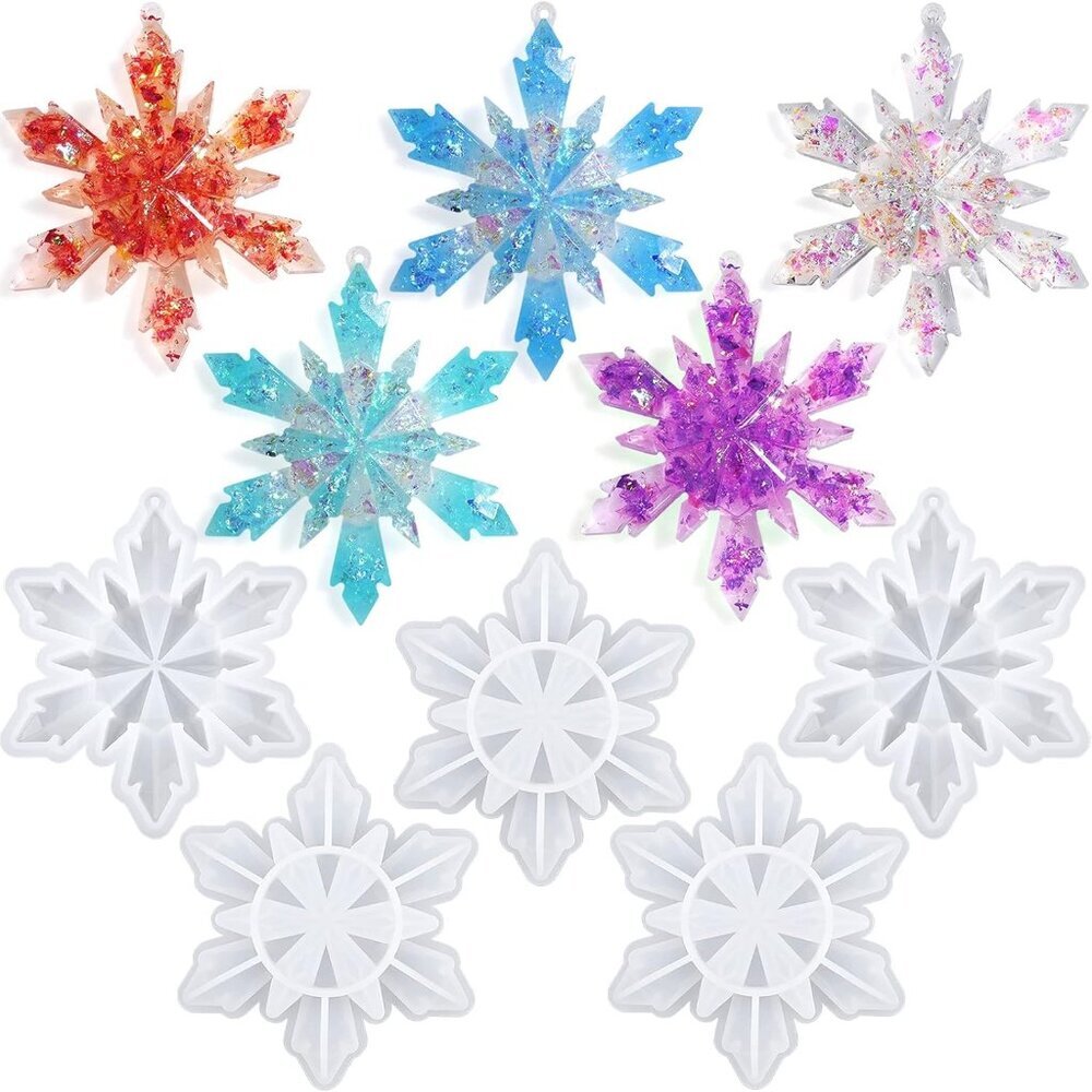 5 Pieces Christmas Silicone Resin Molds 3D Snowflake Molds Silicone Epoxy Castin